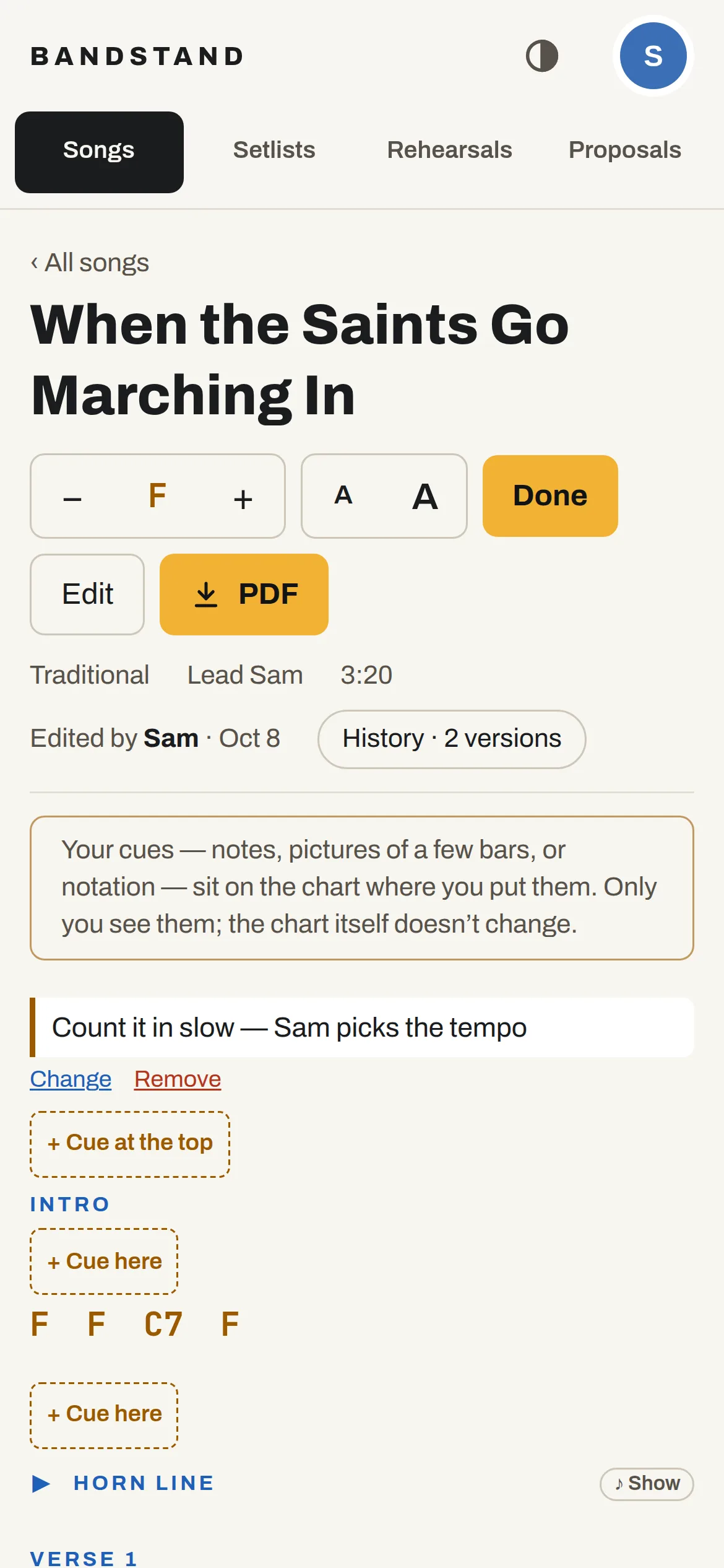 Cue mode on a phone: personal notes pinned to the chart with buttons to add a cue at any section.