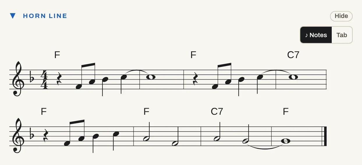 A horn line in F written as notation, with chord names above the staff.