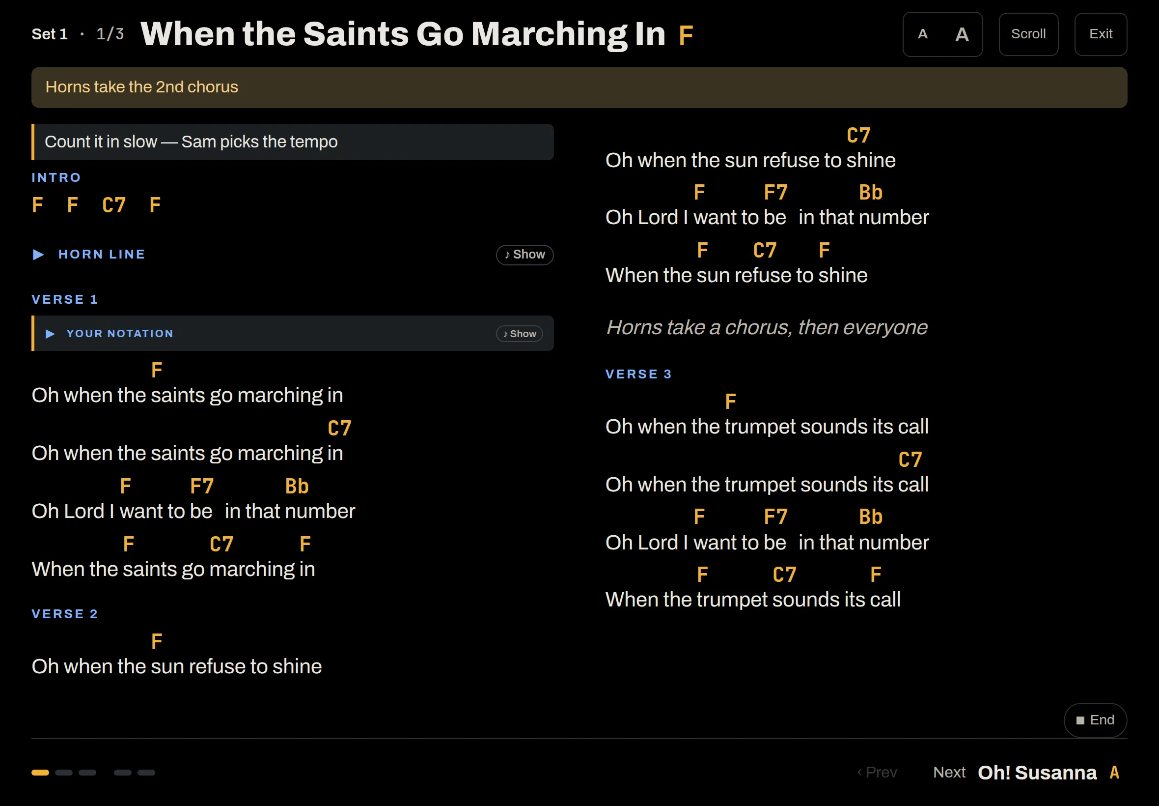 Performance mode on an iPad: a chord chart for When the Saints Go Marching In, fitted to the screen in two columns, with the set position and the next song at the bottom.