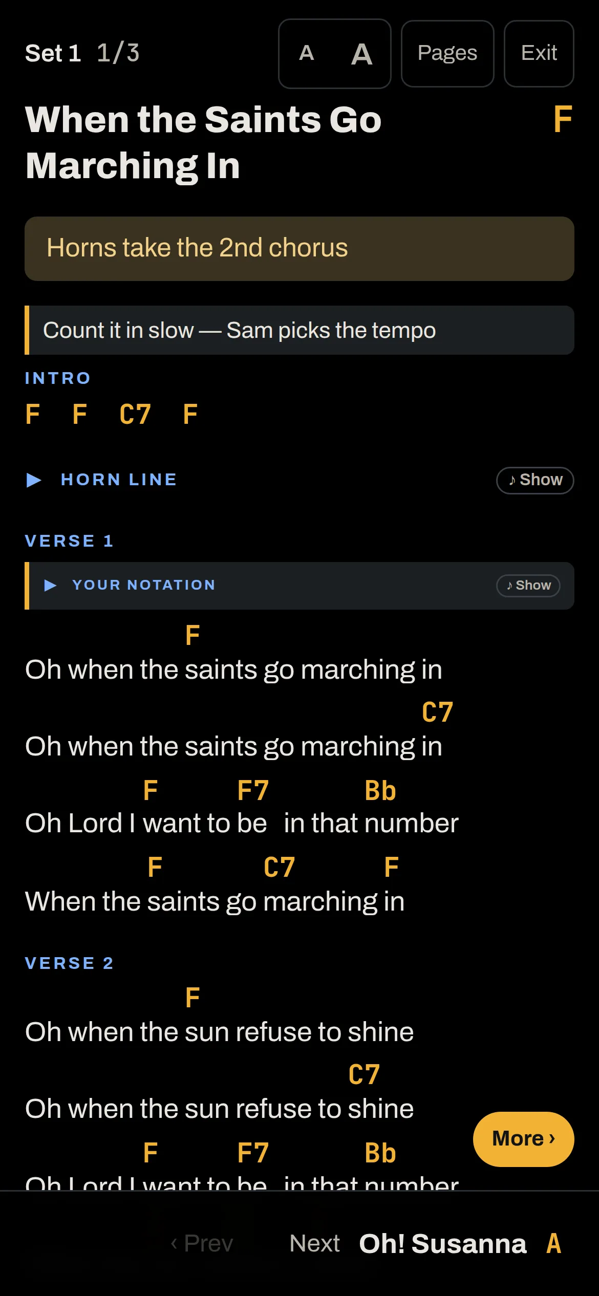 Performance mode on a phone in dark: the chart for When the Saints with the set position, text size buttons and the next song.