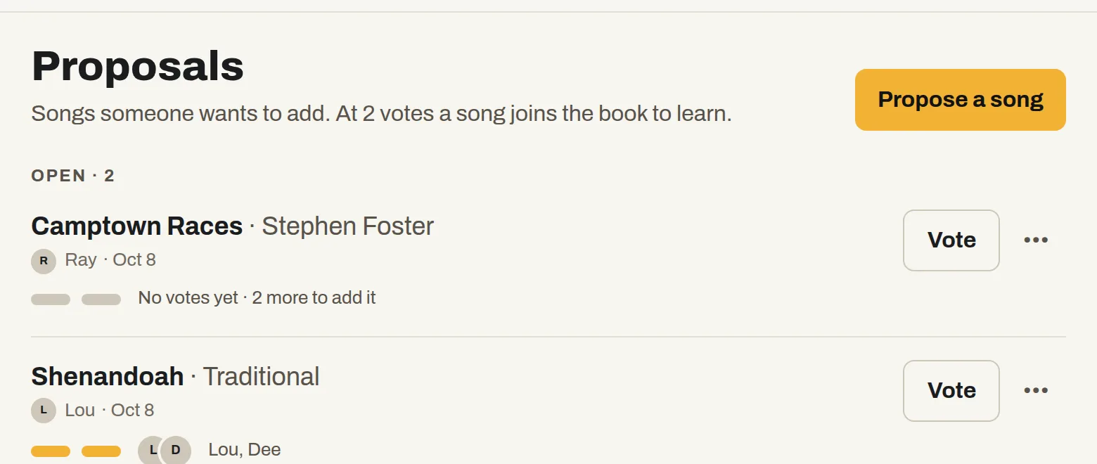 Song proposals with each one’s votes and a Vote button.