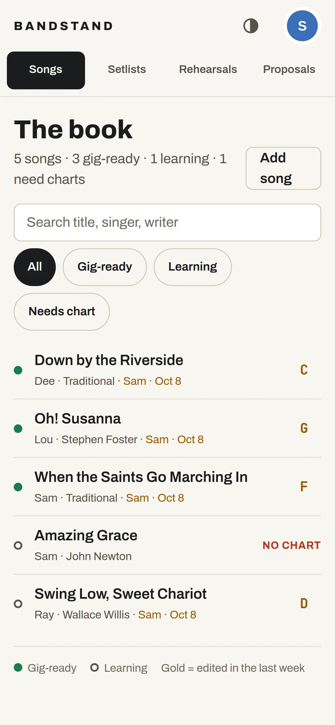 The song list on a phone, with search and filters, each song’s writer and lead singer.